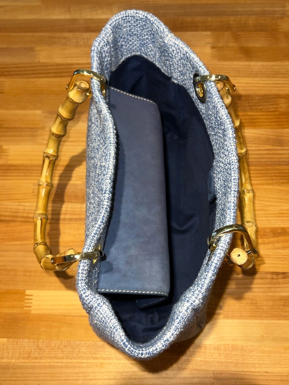 🩵J. McLaughlin Cindy Handbag • Blue Tweed w Bamboo Handles - Picture 3 of 5